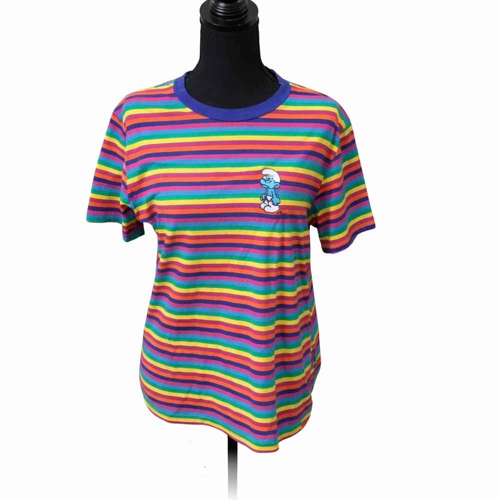 The Smurfs Rainbow Stripe Graphic T-Shirt Size M Colorful Cartoon Tee Unisex